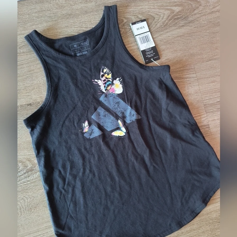 Girls Adidas Sleeveless Black T-shirt Tank Top Butterfly's Size Medium 10/12